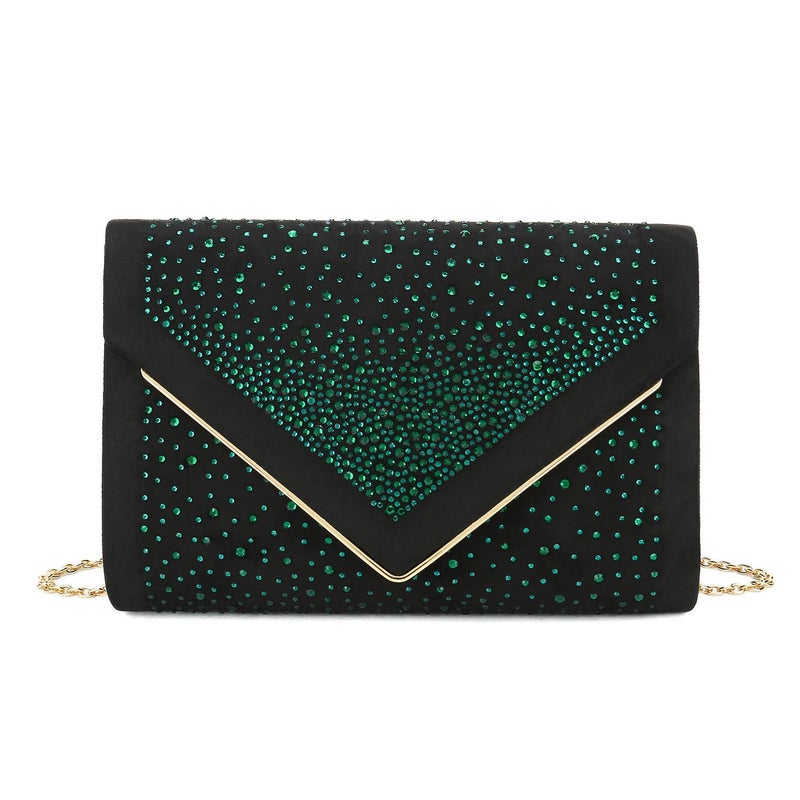 CHARMING TAILOR Envelope Purse Formal Faux Suede Clutch Rhinestone Evening Bag for Women Party Handbag (Black/green) - Image 1
